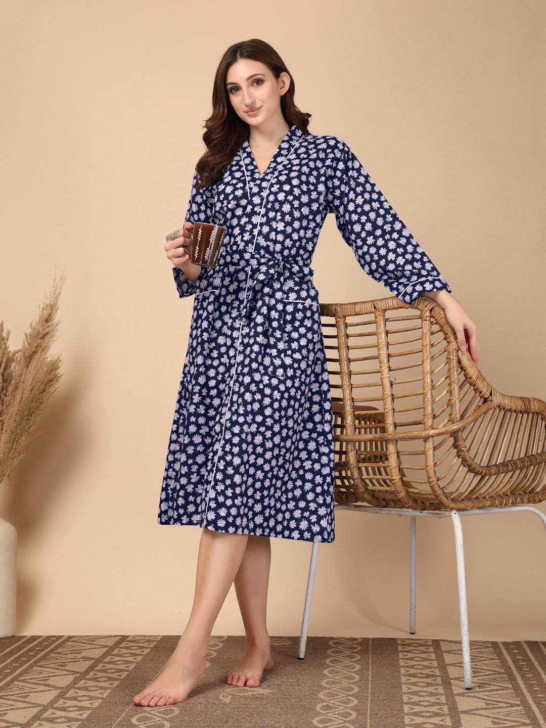 Women Printed Blue Floral Pure Cotton Bath Robe With Belt