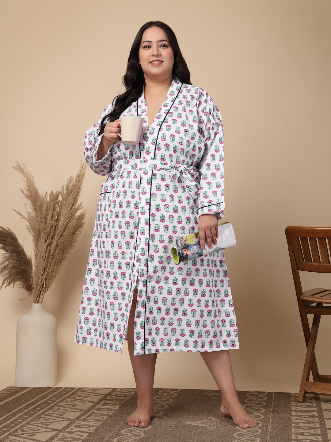 Women Printed White Floral Plus Size Pure Cotton Bath Robe With Belt
