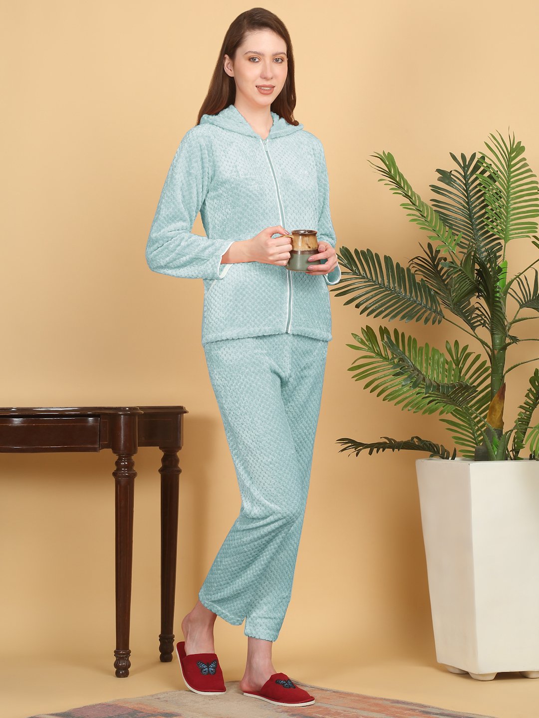 Women Turquoise Solid Hooded Woolen Night Suit