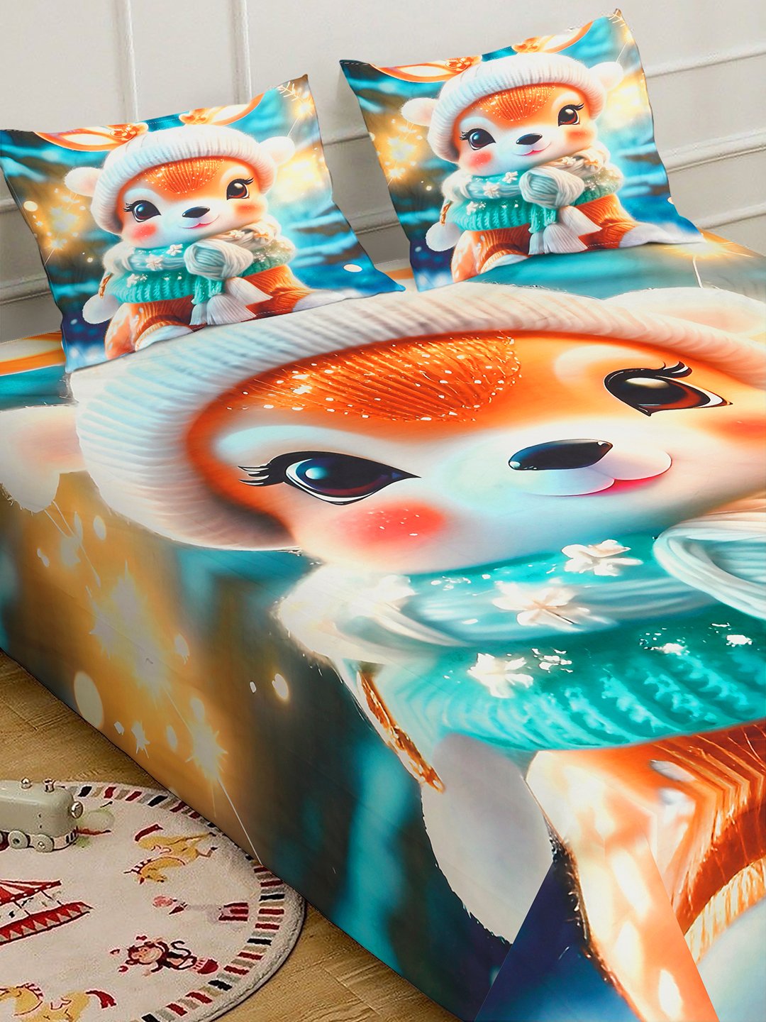 Multi 7D Cartoon Characters Printed Fitted Cotton Blend Double Bedsheet with 2 Pillow Covers