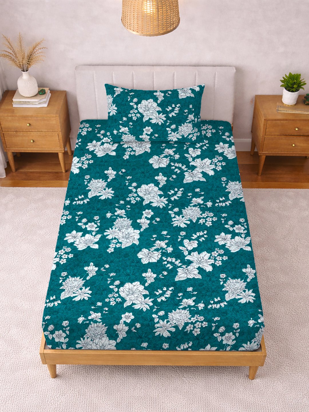 Green Floral Cotton Blend Fitted Single Bedsheet with Pillow Cover