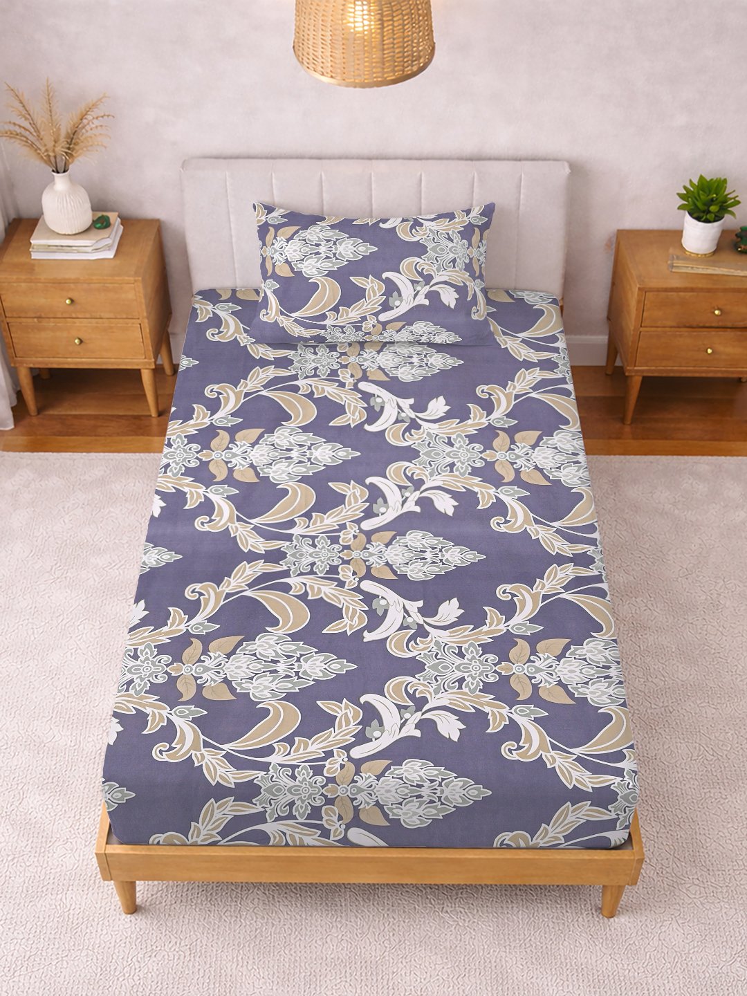 Purple Floral Cotton Blend Single Bedsheet with Pillow Cover