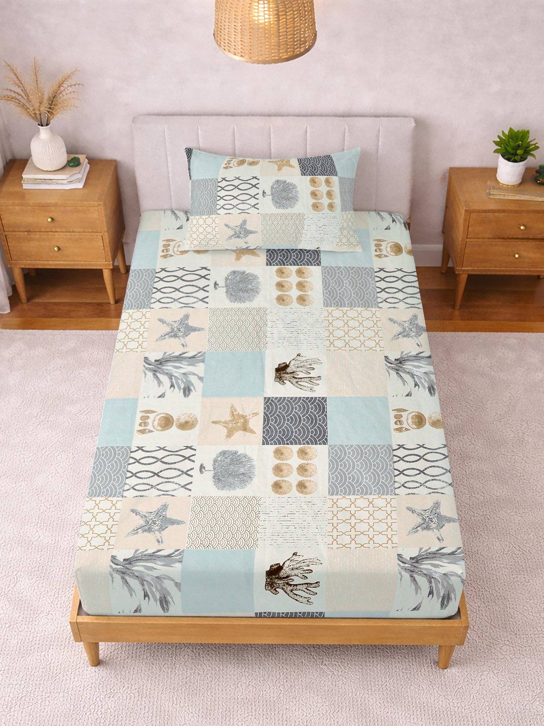 Multi Geometric Cotton Blend Single Bedsheet with Pillow Cover