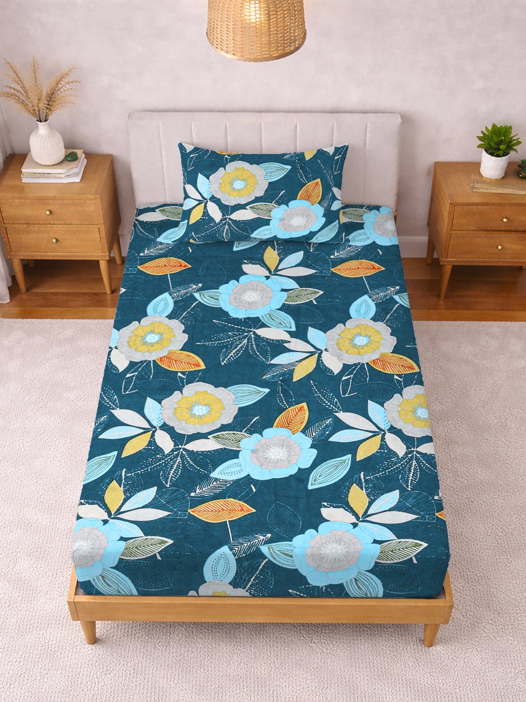 Blue Floral Cotton Blend Fitted Single Bedsheet with Pillow Cover
