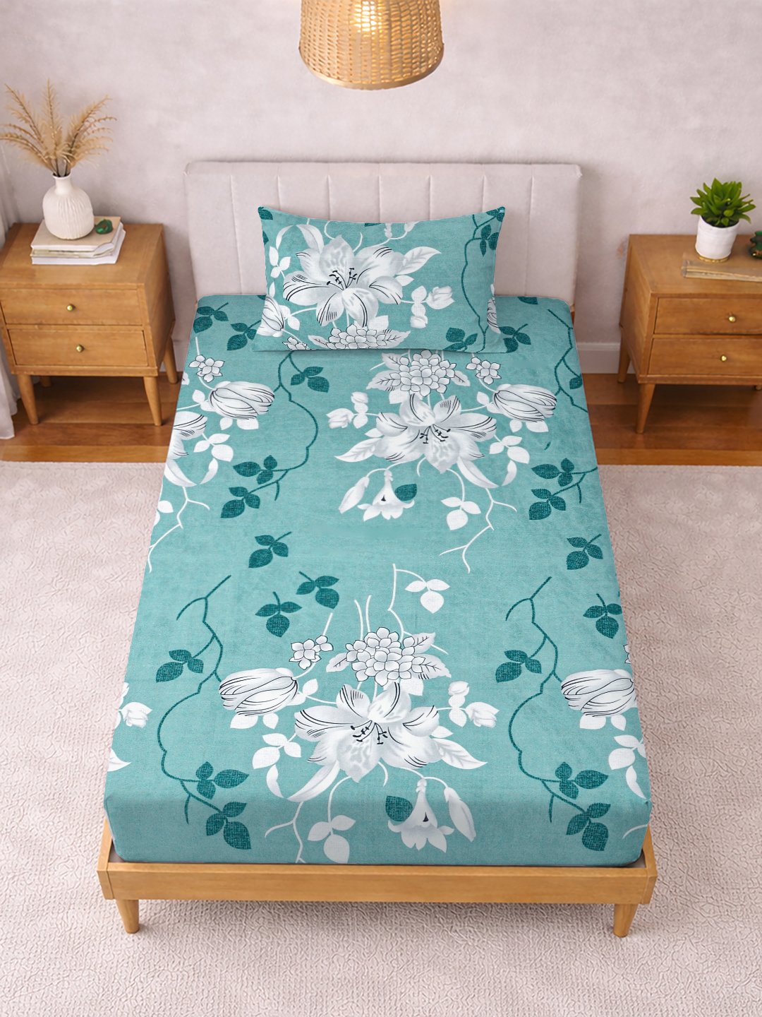Green Floral Cotton Blend Fitted Single Bedsheet with Pillow Cover
