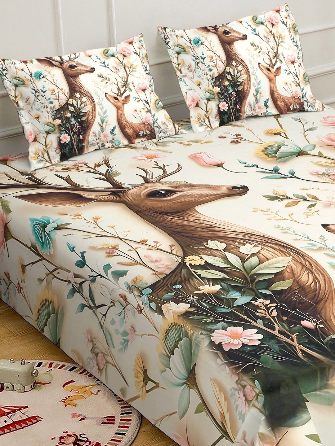 Cream 7D Animal Printed Fitted Cotton Blend Double Bedsheet with 2 Pillow Covers