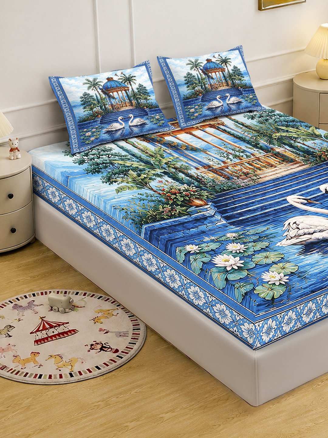 Digital Printed Blue Floral Cotton Blend Double Bedsheet with 2 Pillow Covers