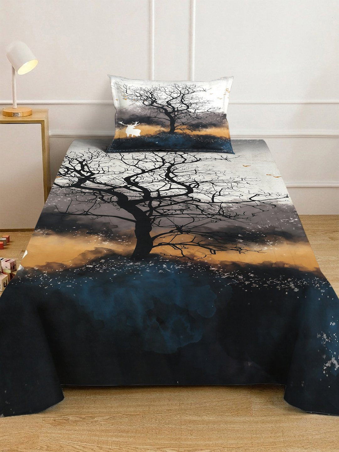 Multi Digital Animal Printed Cotton Blend Fitted Single Bedsheet with Pillow Cover
