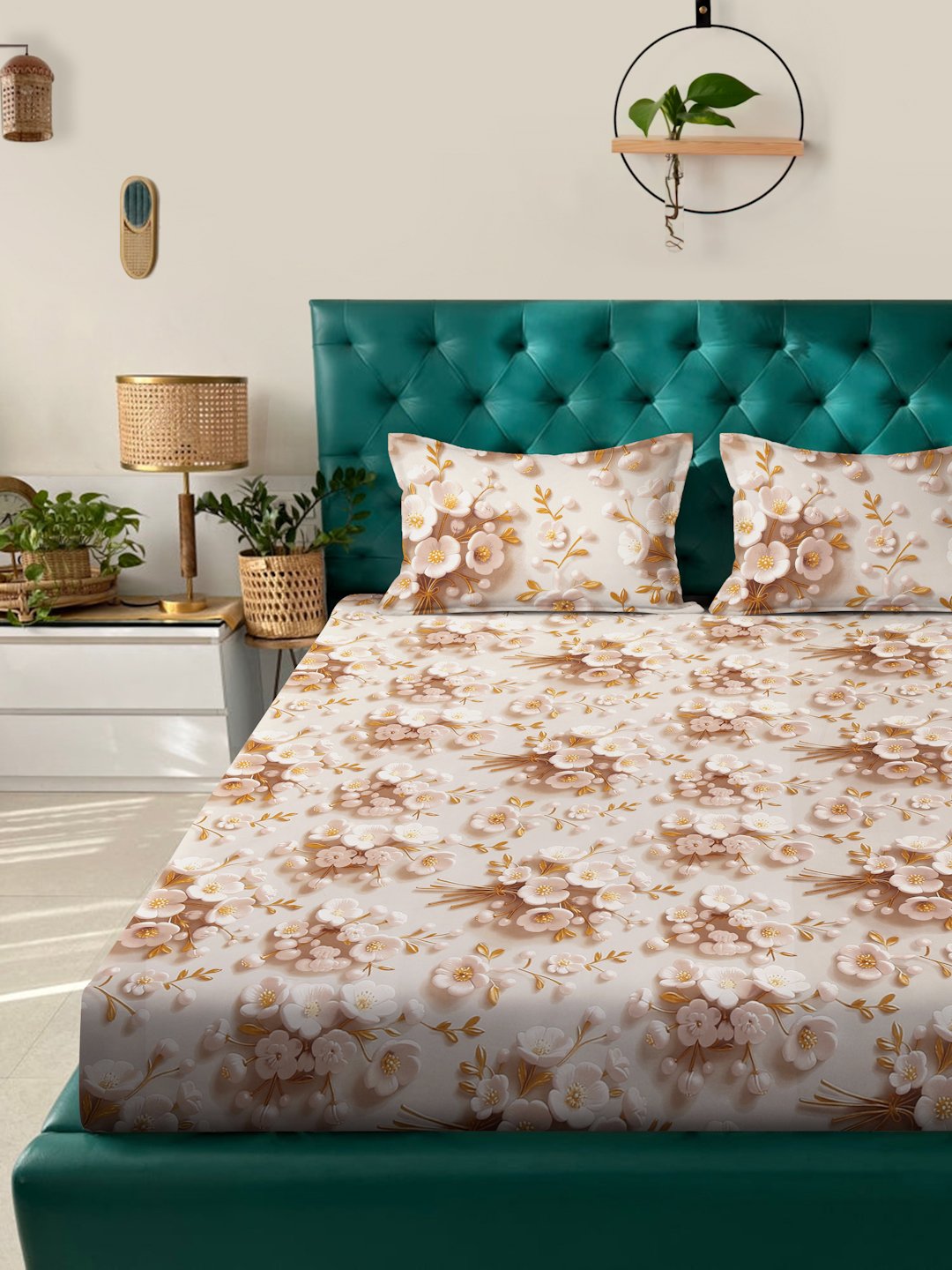 Cream Floral 7D King Size Cotton Blend Fitted Double Bedsheet with 2 Pillow Covers