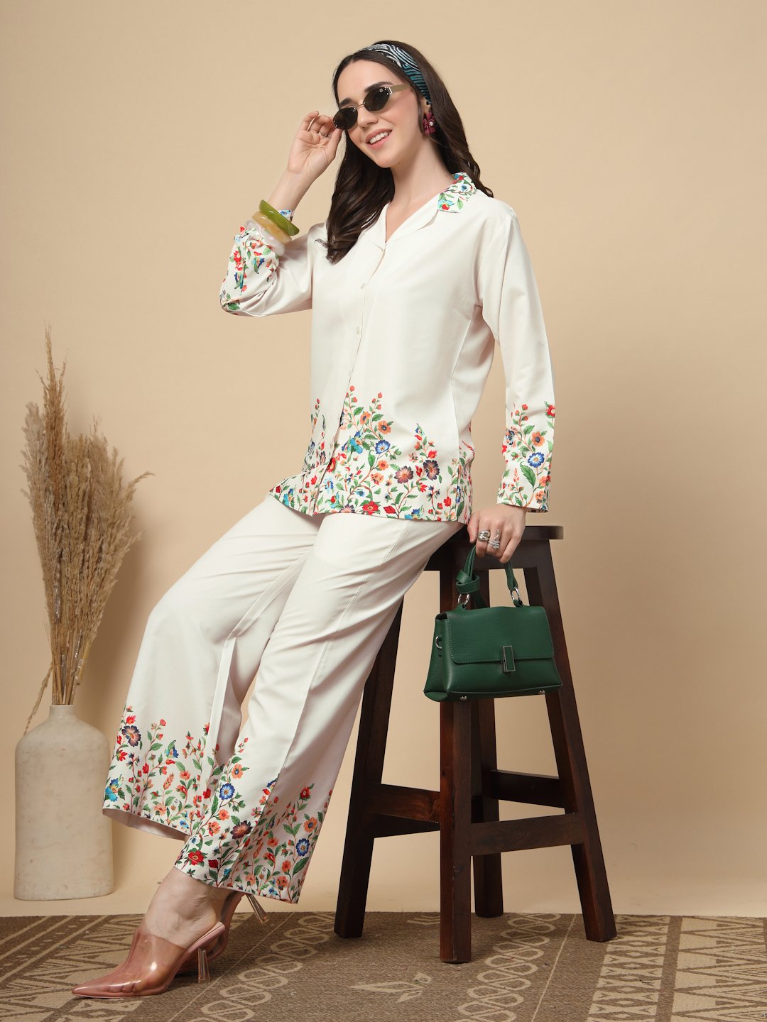 Cream Cotton Printed Shirt With Trousers Co-Ords Set