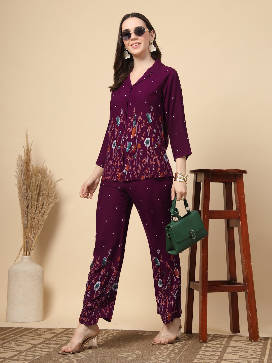 Wine Cotton Printed Shirt With Trousers Co-Ords Set