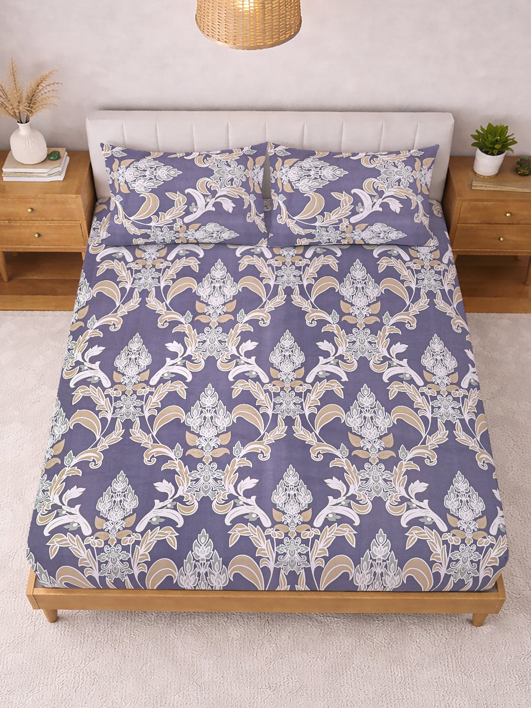 Purple Floral Cotton Blend Double Bedsheet with 2 Pillow Covers