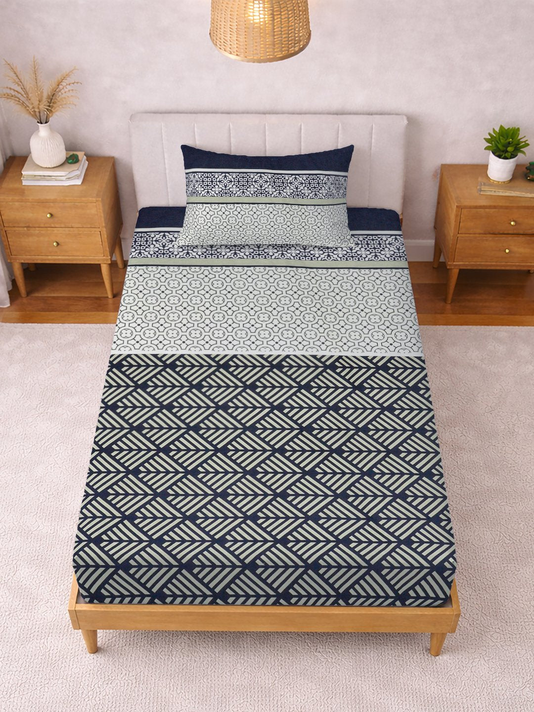Multi Geometric Cotton Blend Fitted Single Bedsheet with Pillow Cover
