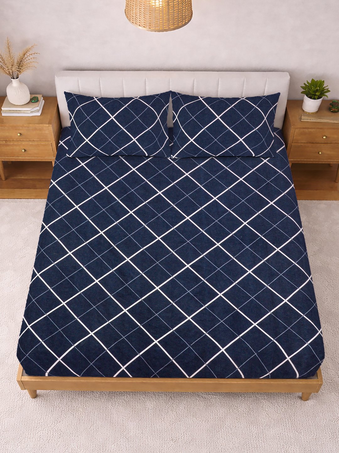 Blue Geometric Cotton Blend Fitted Double Bedsheet with 2 Pillow Covers
