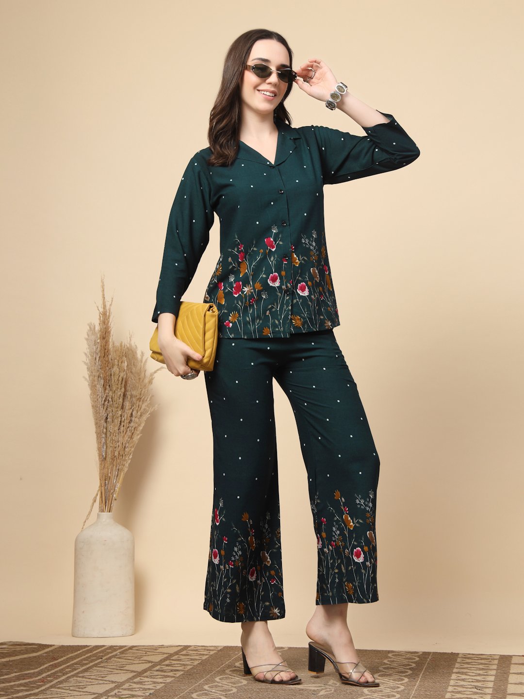 Green Cotton Printed Shirt With Trousers Co-Ords Set