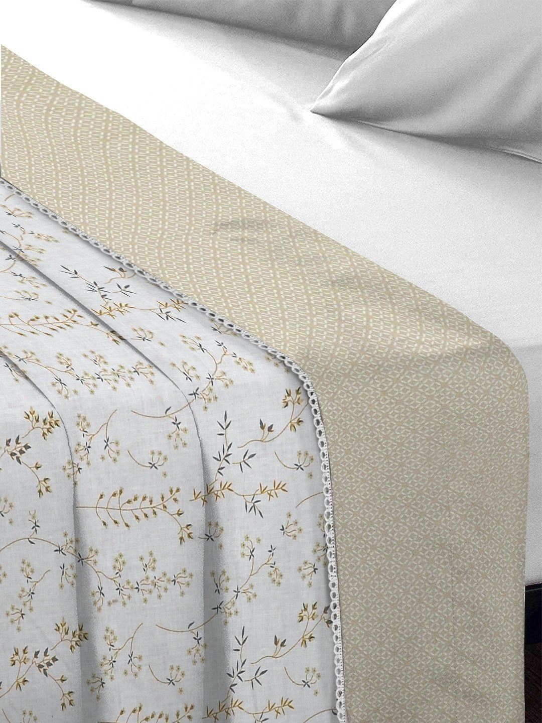 Beige Pure Cotton Floral Double Bed Dohar