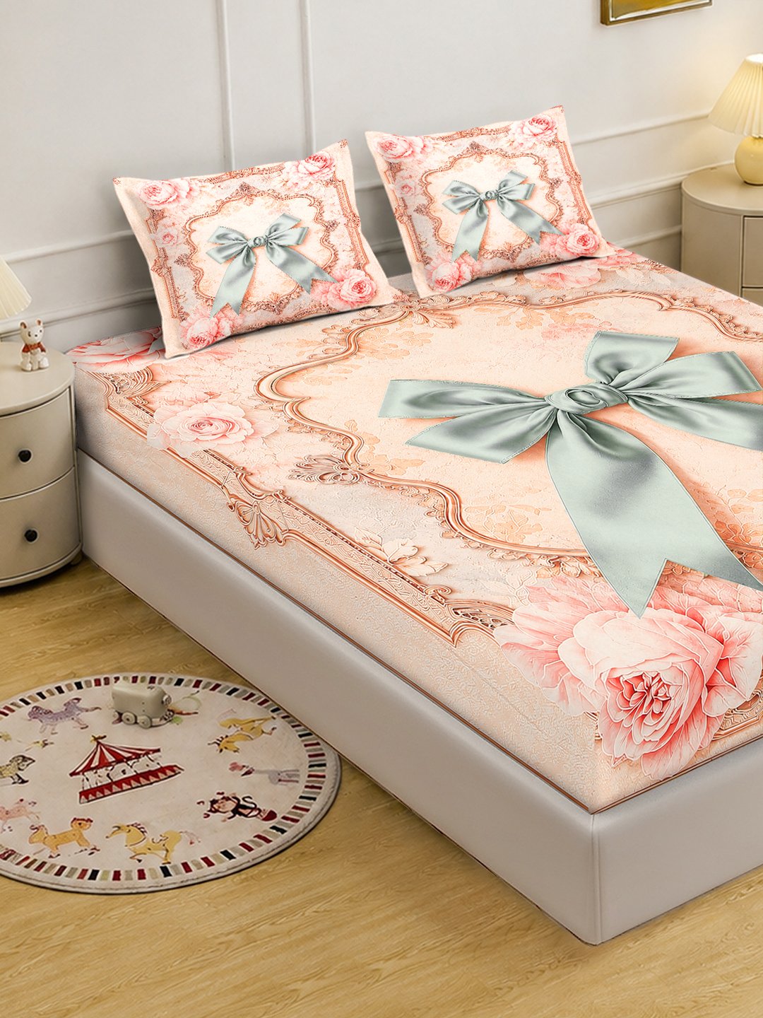 Digital Printed Peach Floral Cotton Blend Double Bedsheet with 2 Pillow Covers