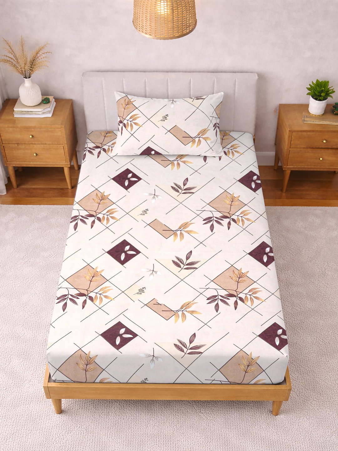 Cream Geometric Cotton Blend Single Bedsheet with Pillow Cover
