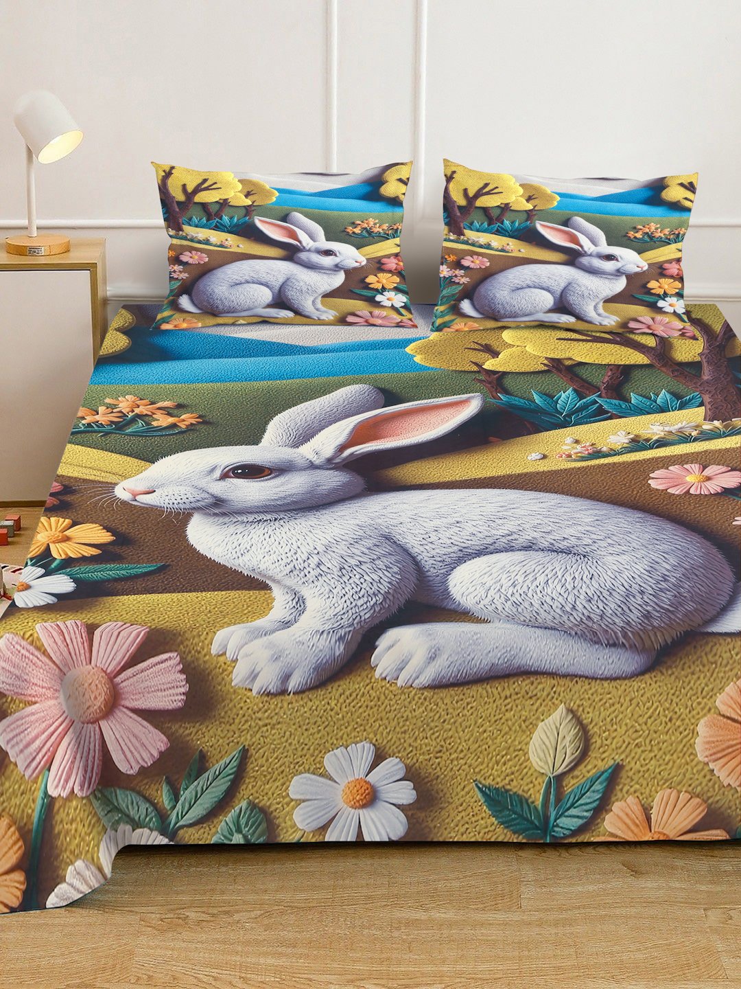 Multi Digital Animal Printed Cotton Blend Fitted Double Bedsheet with 2 Pillow Covers