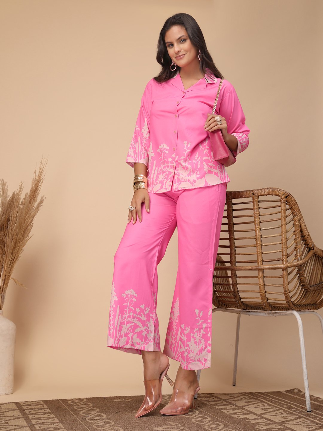 Pink Cotton Printed Shirt With Trousers Co-Ords Set