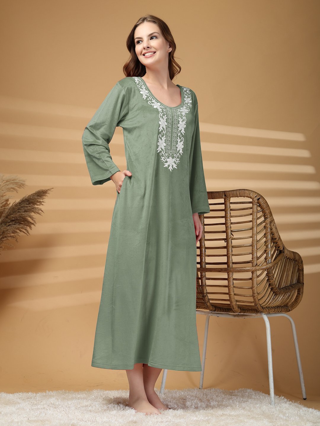 Klotthe Olive Solid Soft touch Velvet Maxi Nightdress