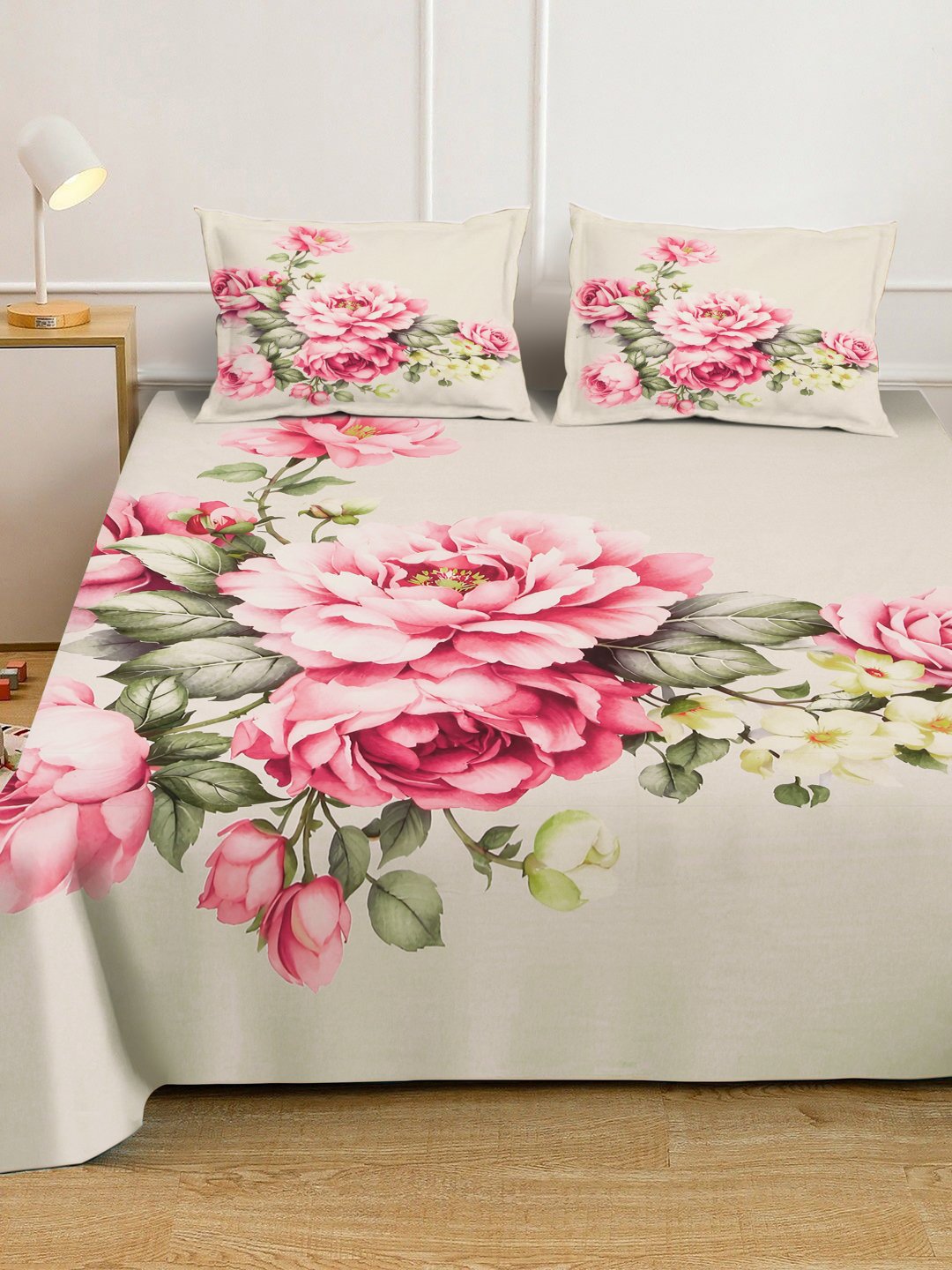 Beige Digital Floral Printed Cotton Blend Fitted Double Bedsheet with 2 Pillow Covers