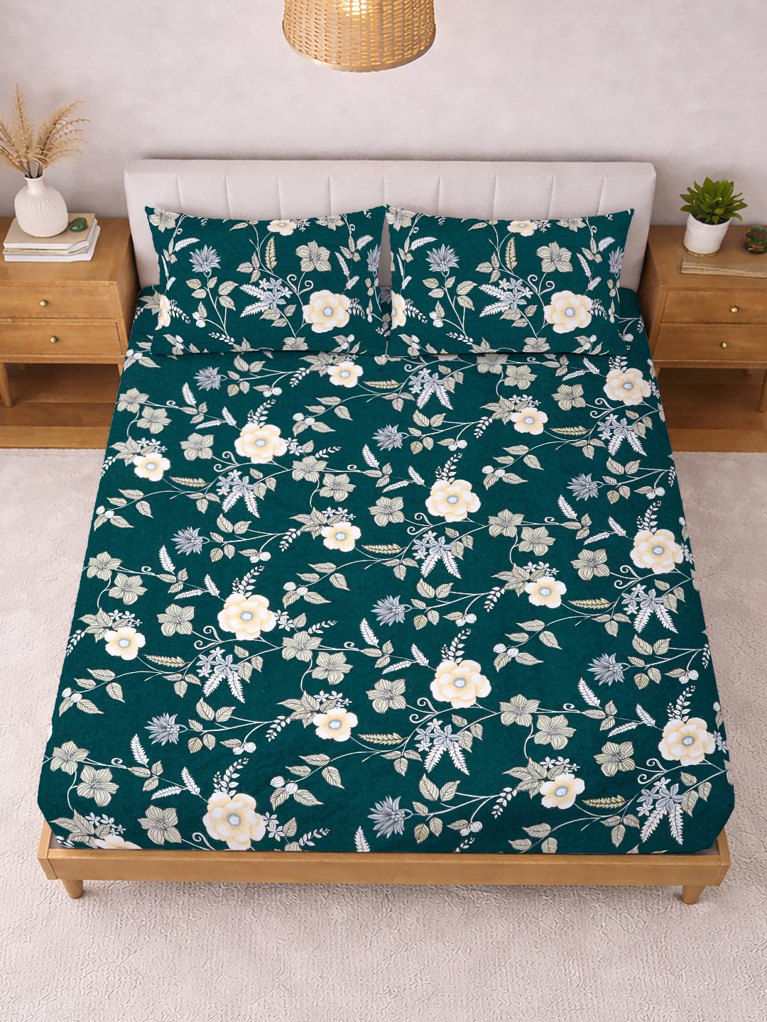 Green Floral Cotton Blend Double Bedsheet with 2 Pillow Covers