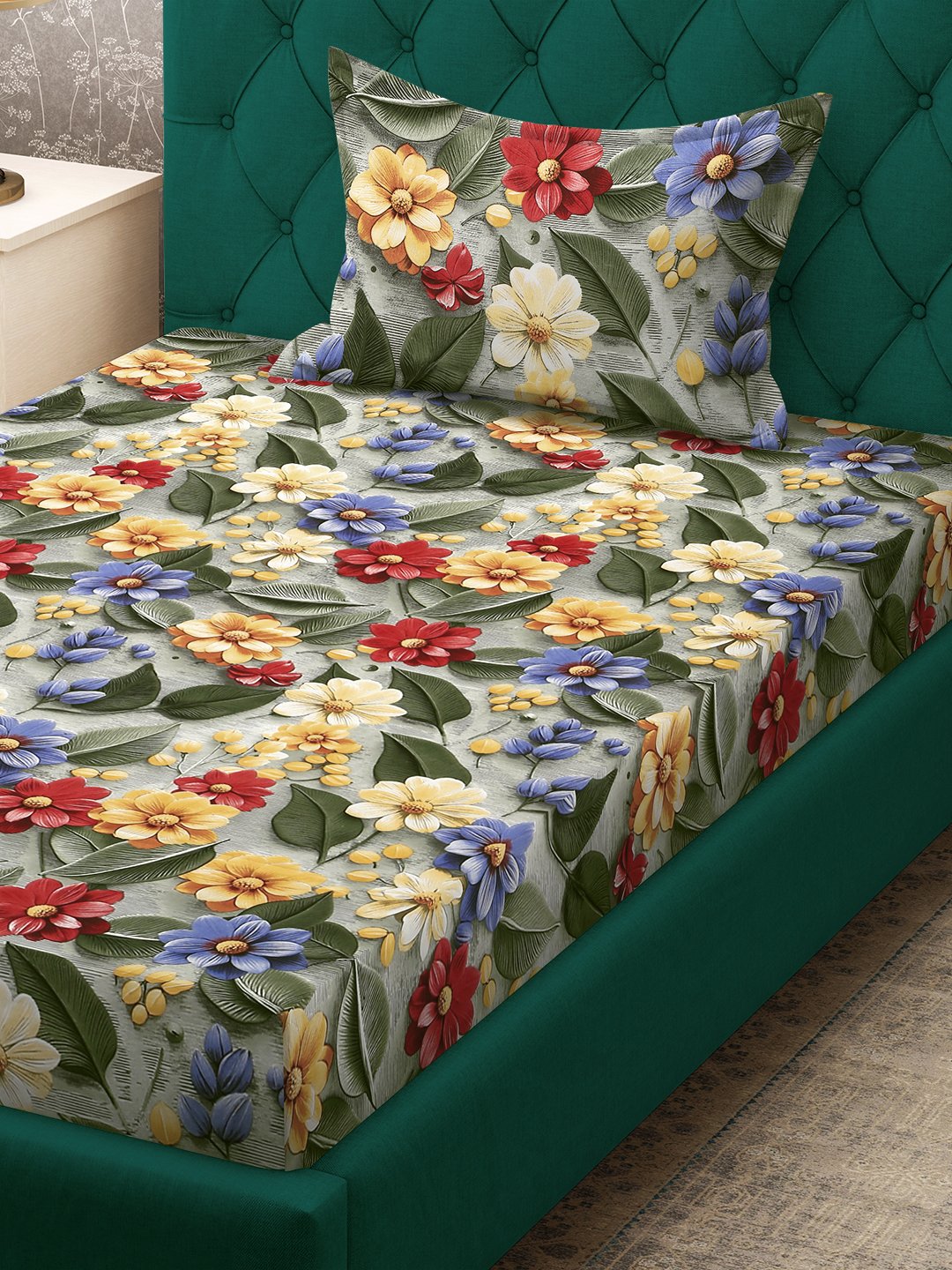 Green Floral 7D Cotton Blend Single Bedsheet with Pillow Cover