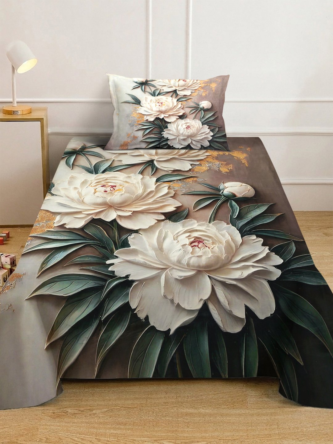 Brown Digital Floral Printed Cotton Blend Single Bedsheet with Pillow Cover