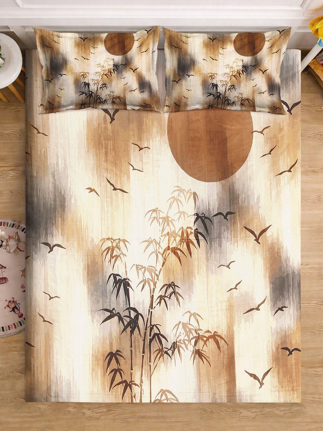 Beige Digital Floral Printed Fitted Cotton Blend Double Bedsheet with 2 Pillow Covers
