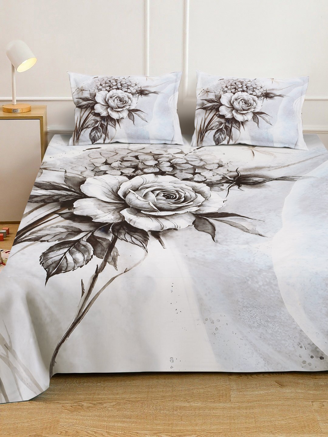 Grey Digital Floral Printed Cotton Blend Double Bedsheet with 2 Pillow Covers
