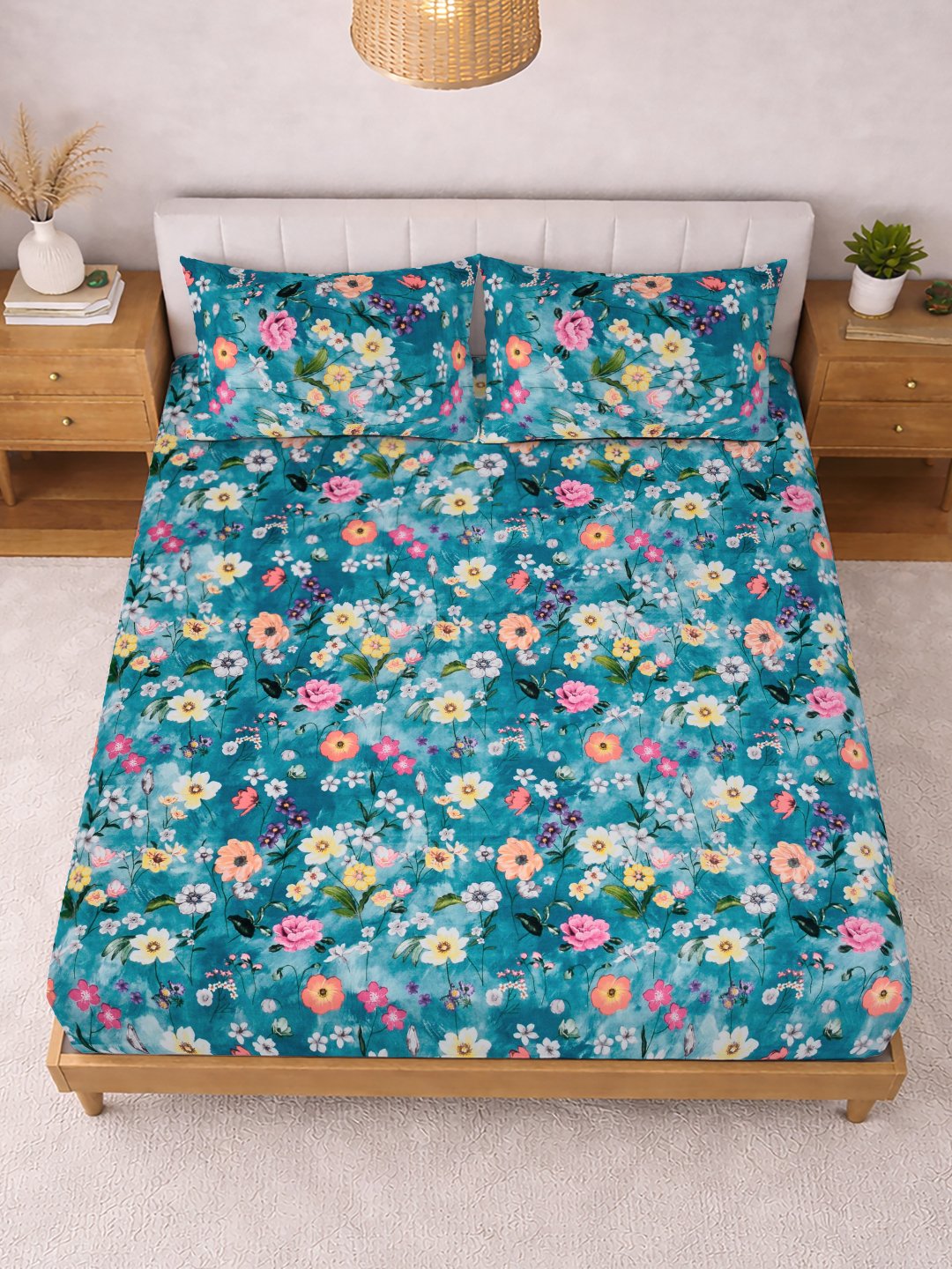 Blue Floral Cotton Blend Fitted Double Bedsheet with 2 Pillow Covers