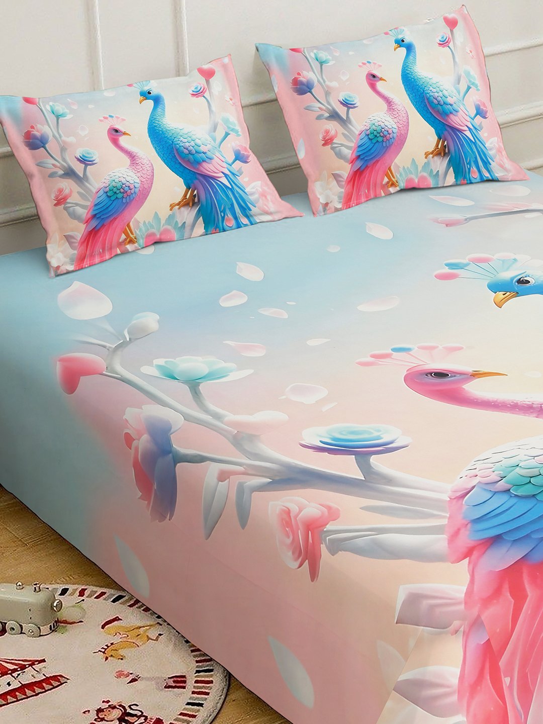 Multi 7D Animal Printed Fitted Cotton Blend Double Bedsheet with 2 Pillow Covers