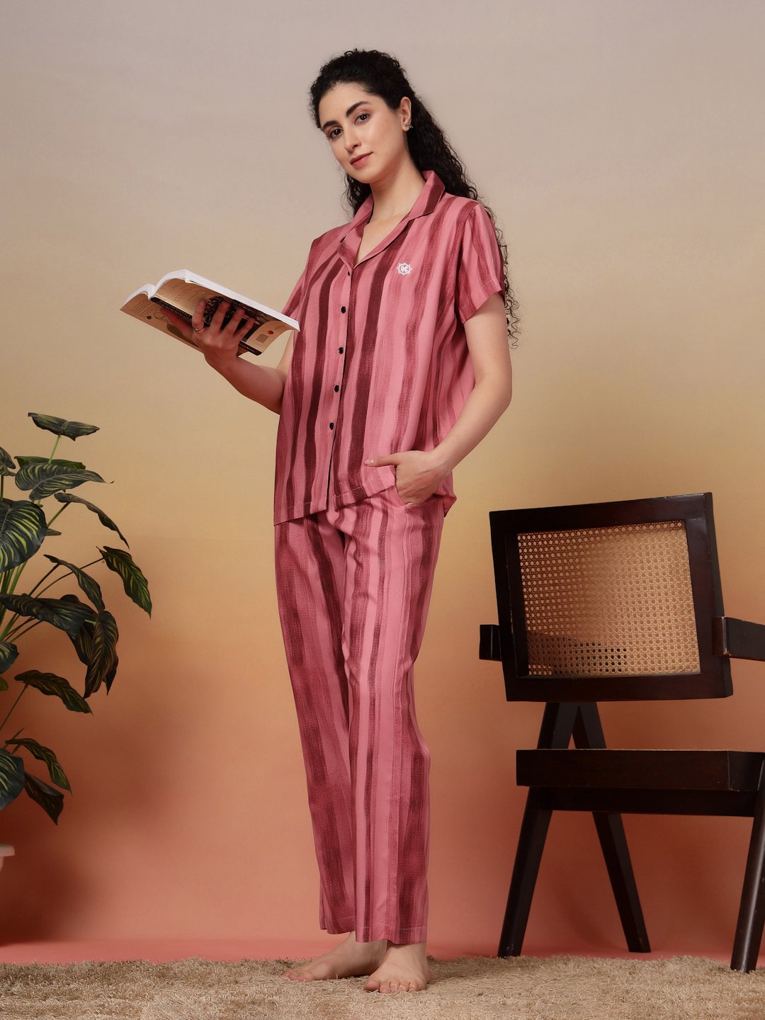 Women Red Striped Pure Cotton Night Suit