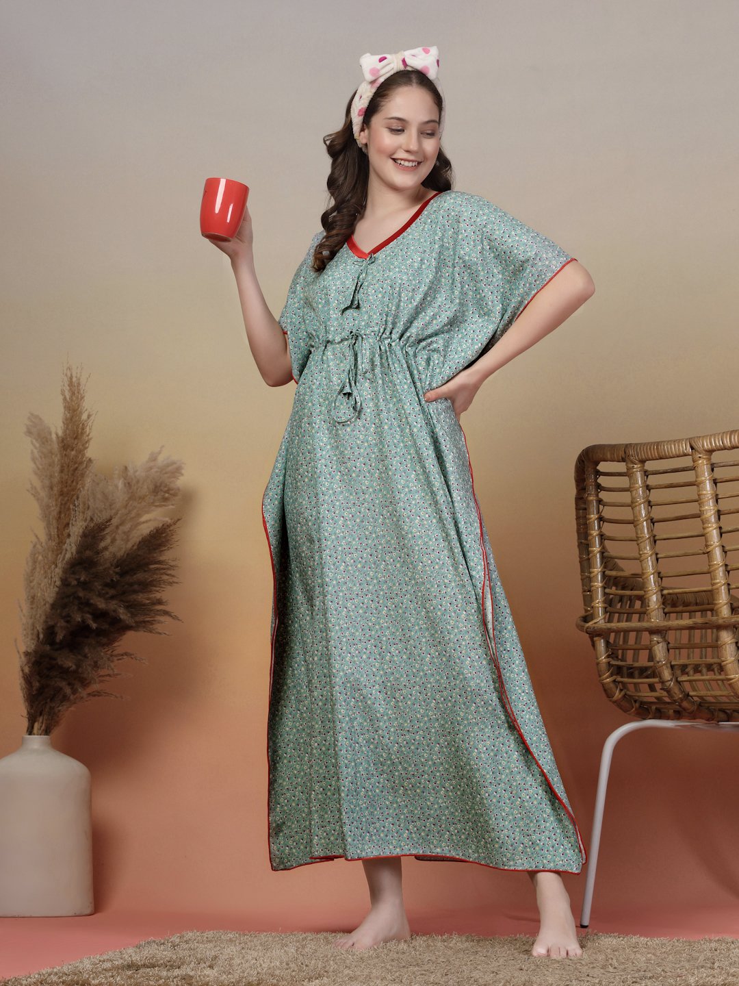 Green Floral Cotton Blend Kaftan Maxi Nightdress