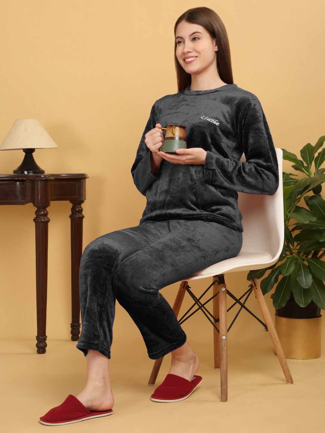Klotthe Women Black Solid Woolen Night Suit