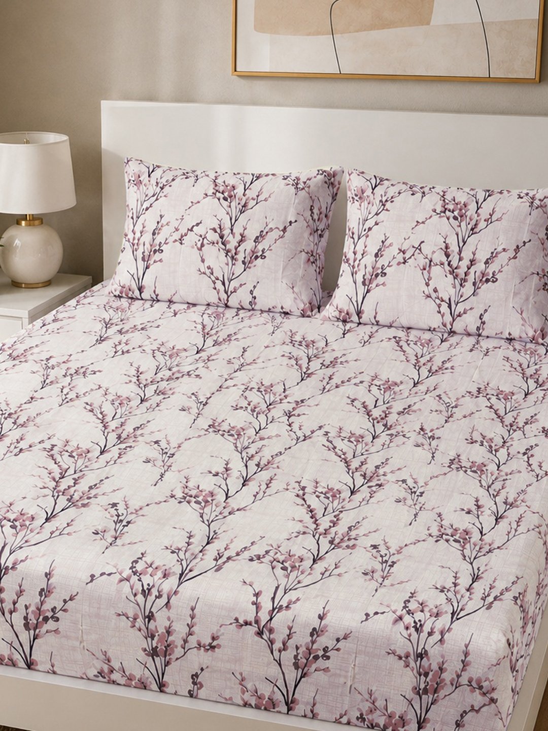 Cream Floral Cotton Blend Fitted Double Bedsheet with 2 Pillow Covers