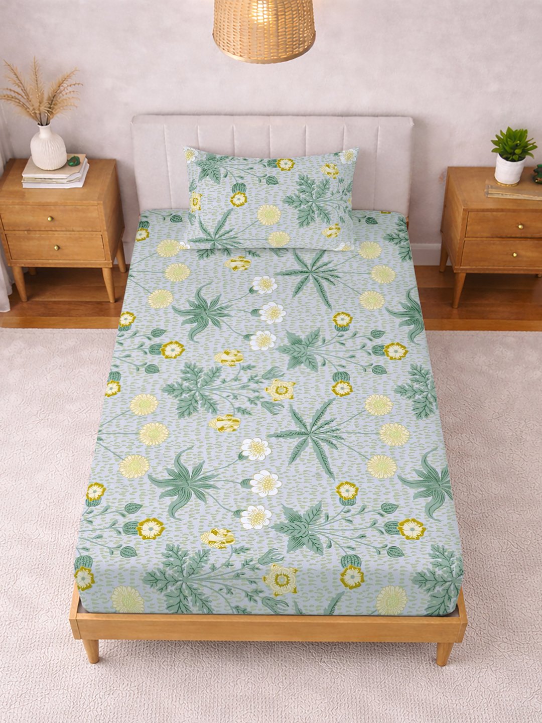 Green Floral Cotton Blend Single Bedsheet with Pillow Cover