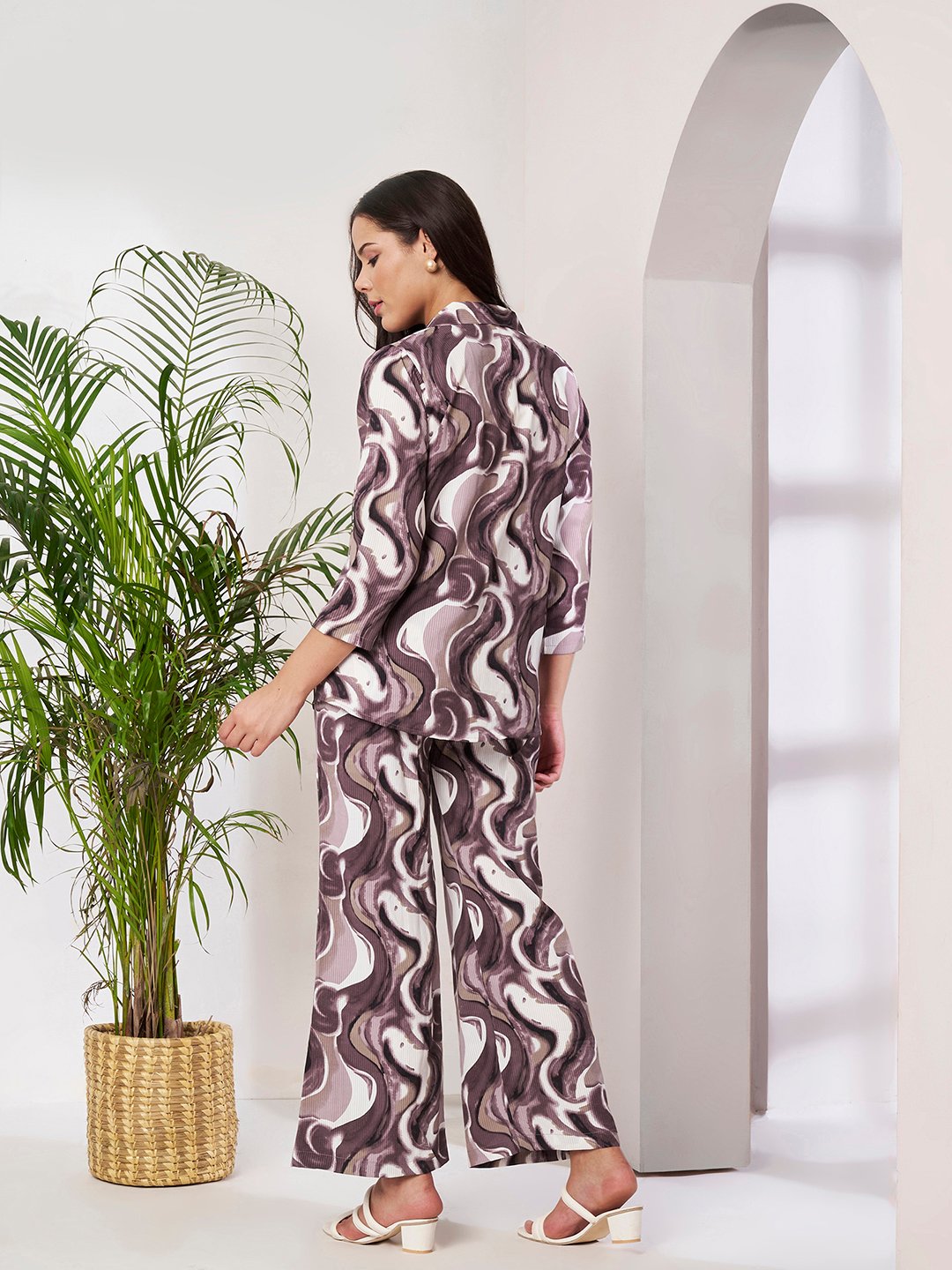 Wine Cotton Printed Shirt With Trousers Co-Ords Set