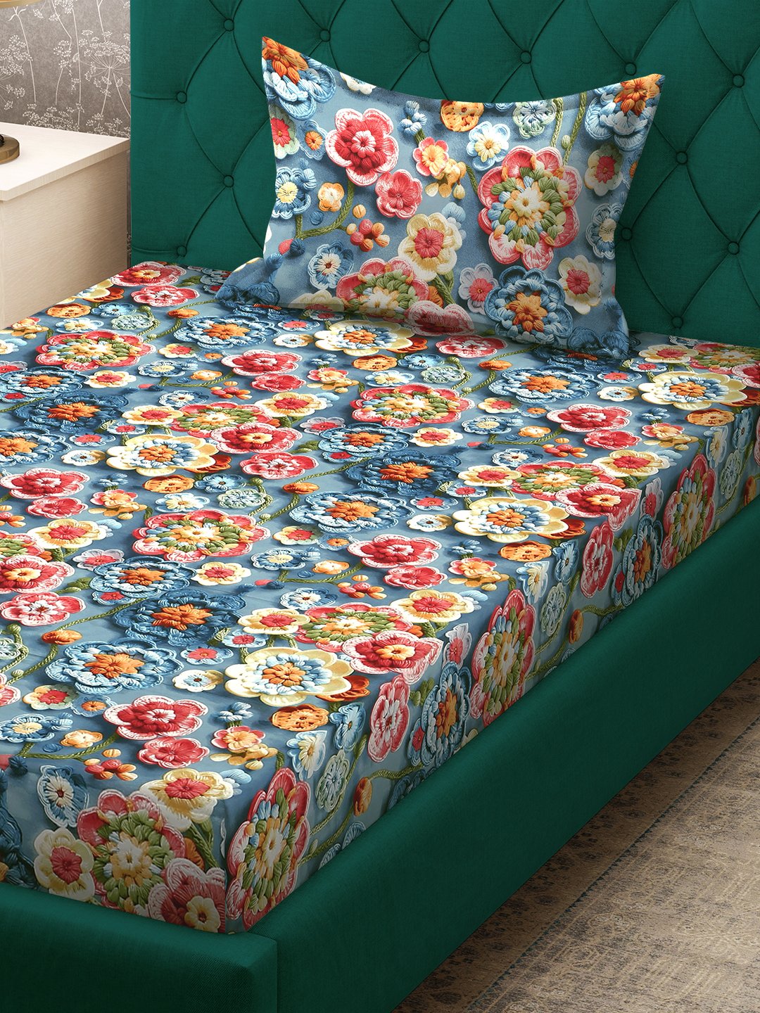 Blue Floral 7D Cotton Blend Fitted Single Bedsheet with Pillow Cover