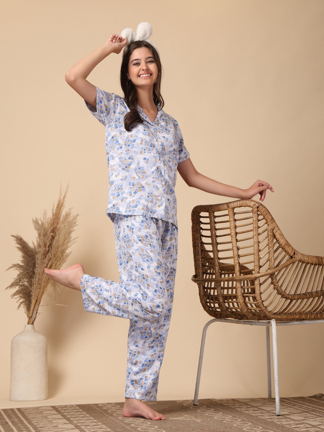 Blue Geometric Cotton Blend Women Night Suit