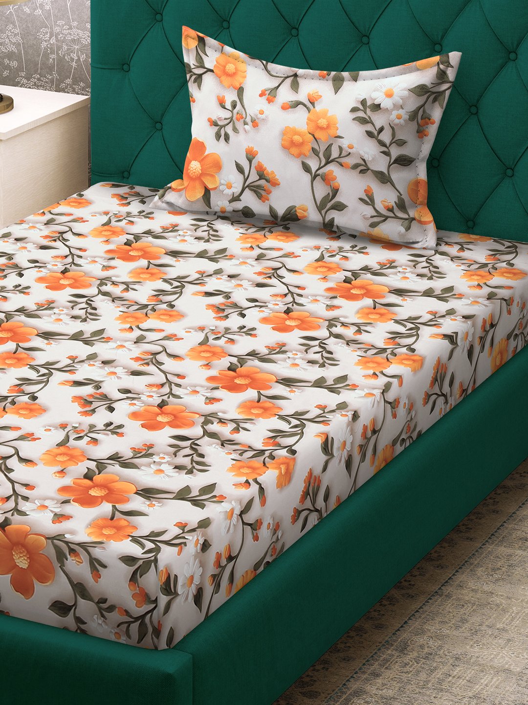 Cream Floral 7D Cotton Blend Single Bedsheet with Pillow Cover