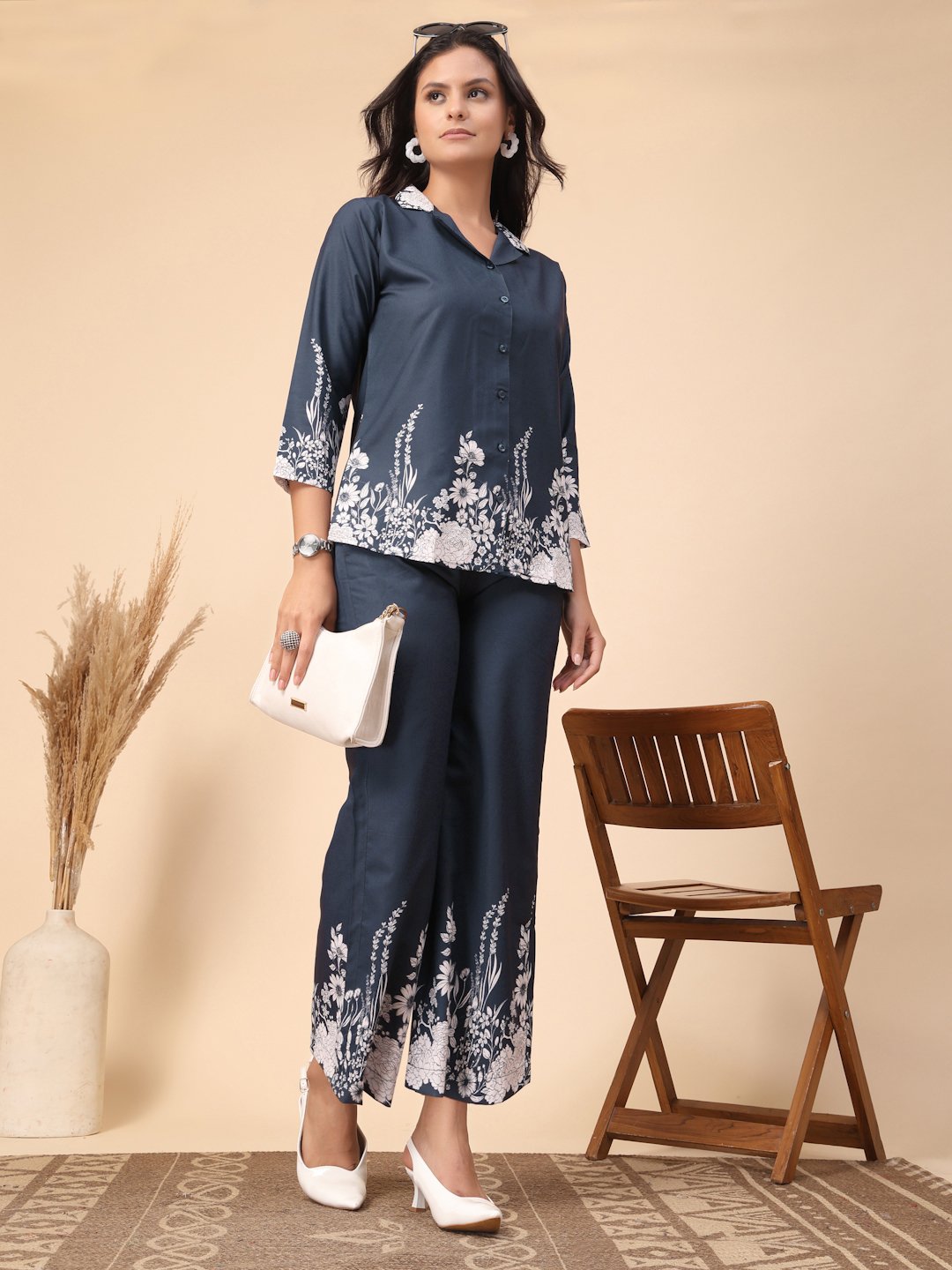 Blue Cotton Printed Shirt With Trousers Co-Ords Set