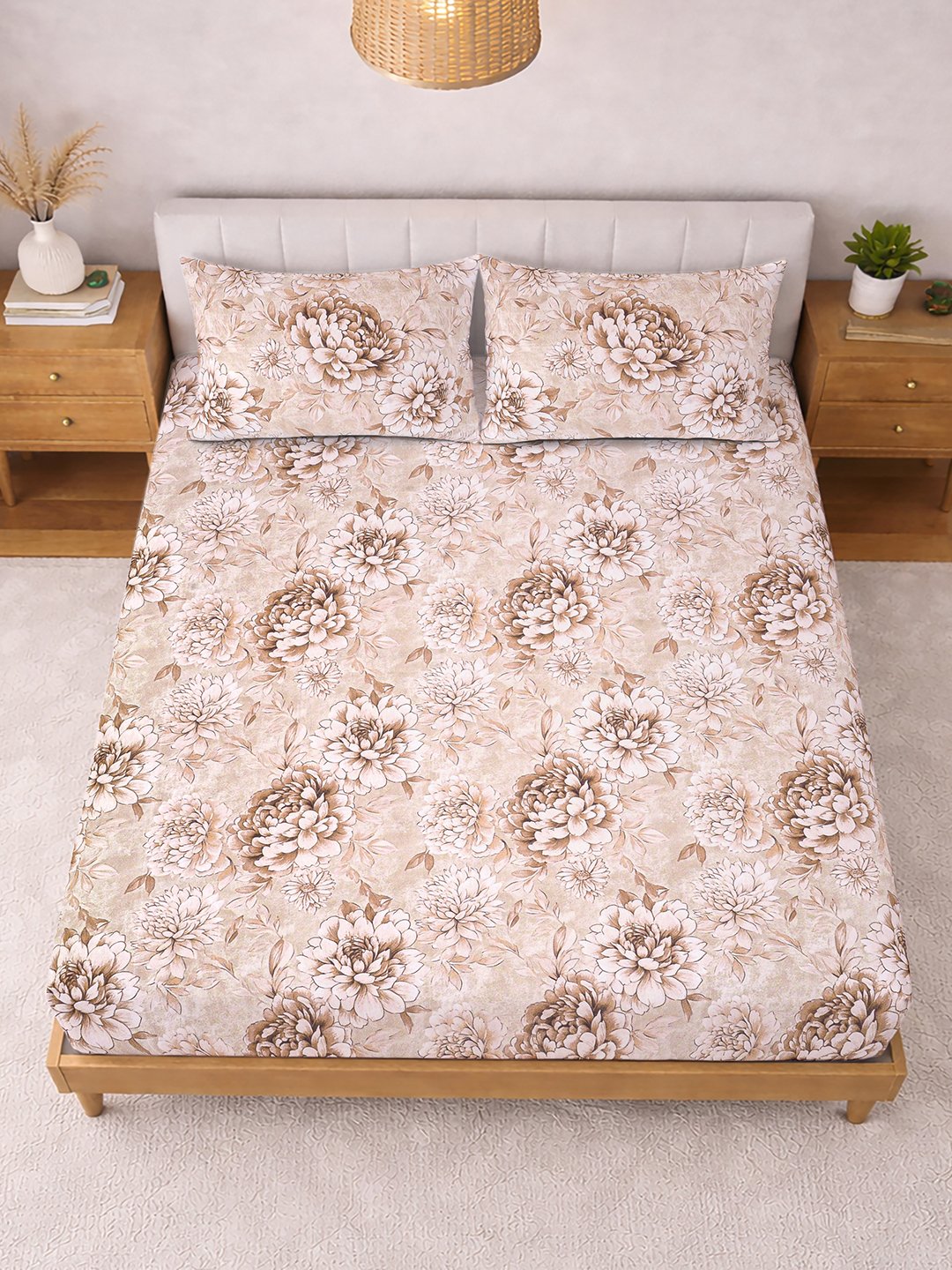 Beige Floral Fitted Fitted Cotton Blend Double Bedsheet with 2 Pillow Covers