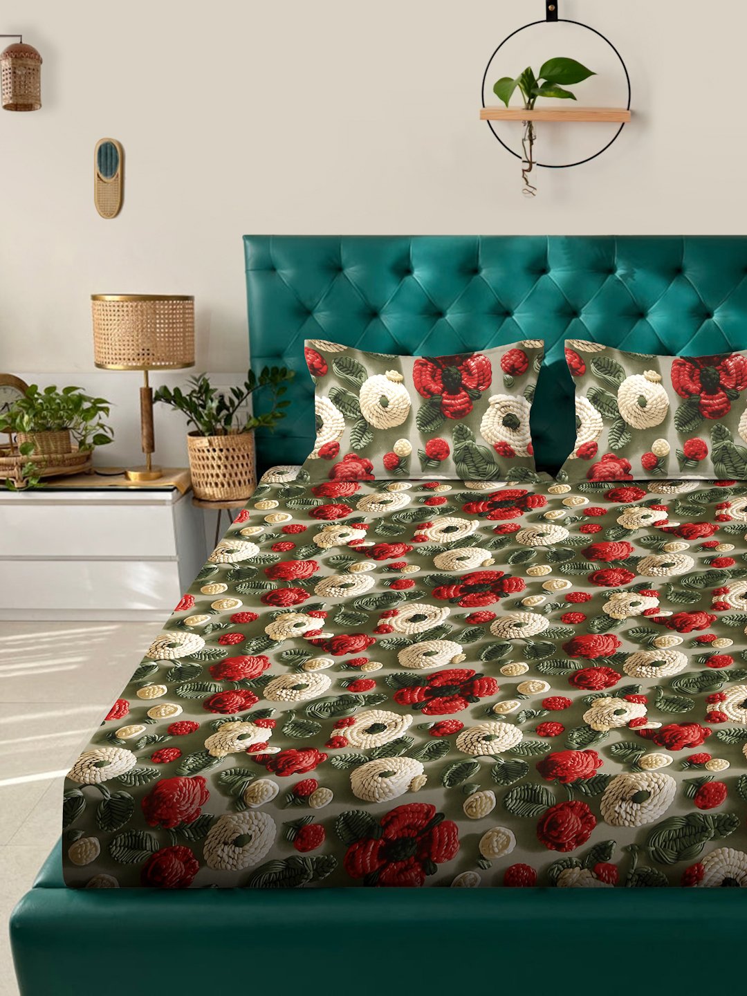 Green Floral 7D King Size Cotton Blend Fitted Double Bedsheet with 2 Pillow Covers