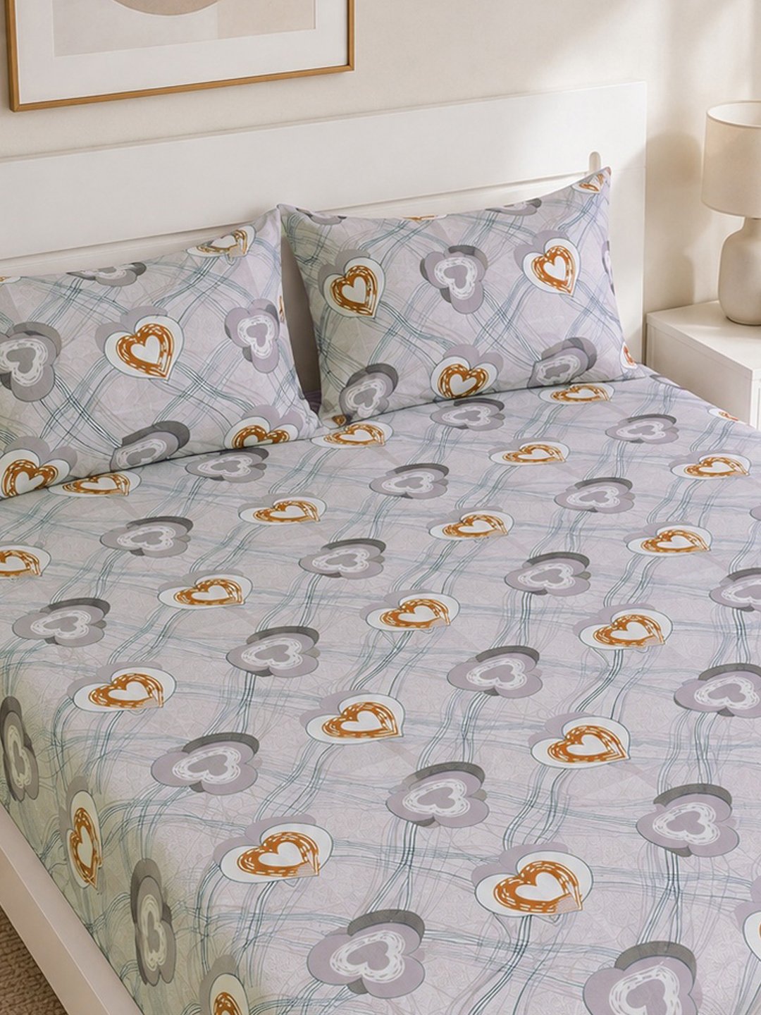 Beige Floral Cotton Blend Double Bedsheet with 2 Pillow Covers