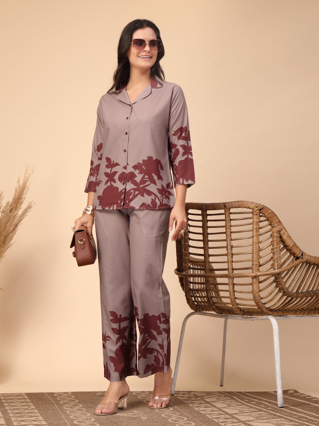 Brown Cotton Printed Shirt With Trousers Co-Ords Set