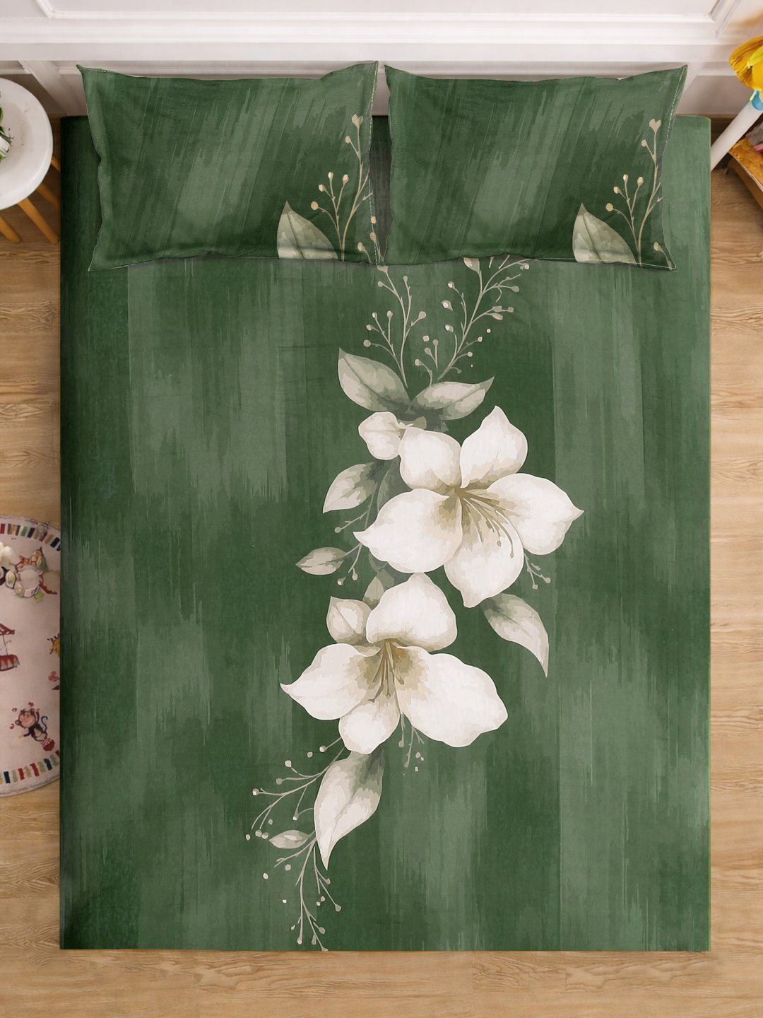 Green Digital Floral Printed Fitted Cotton Blend Double Bedsheet with 2 Pillow Covers