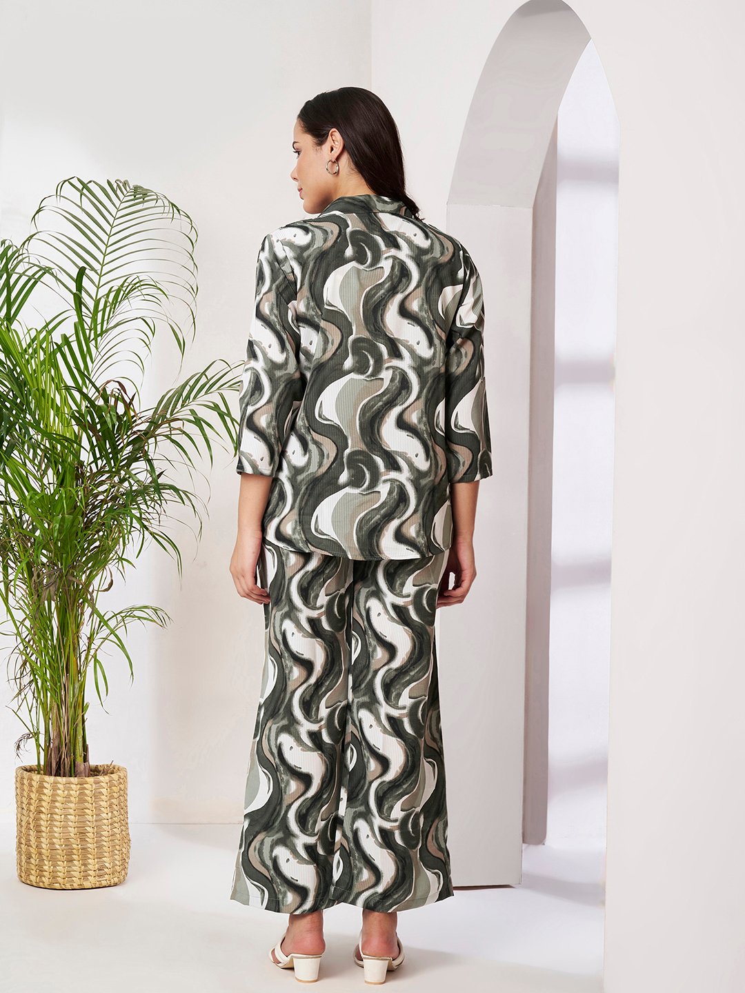Olive Cotton Printed Shirt With Trousers Co-Ords Set