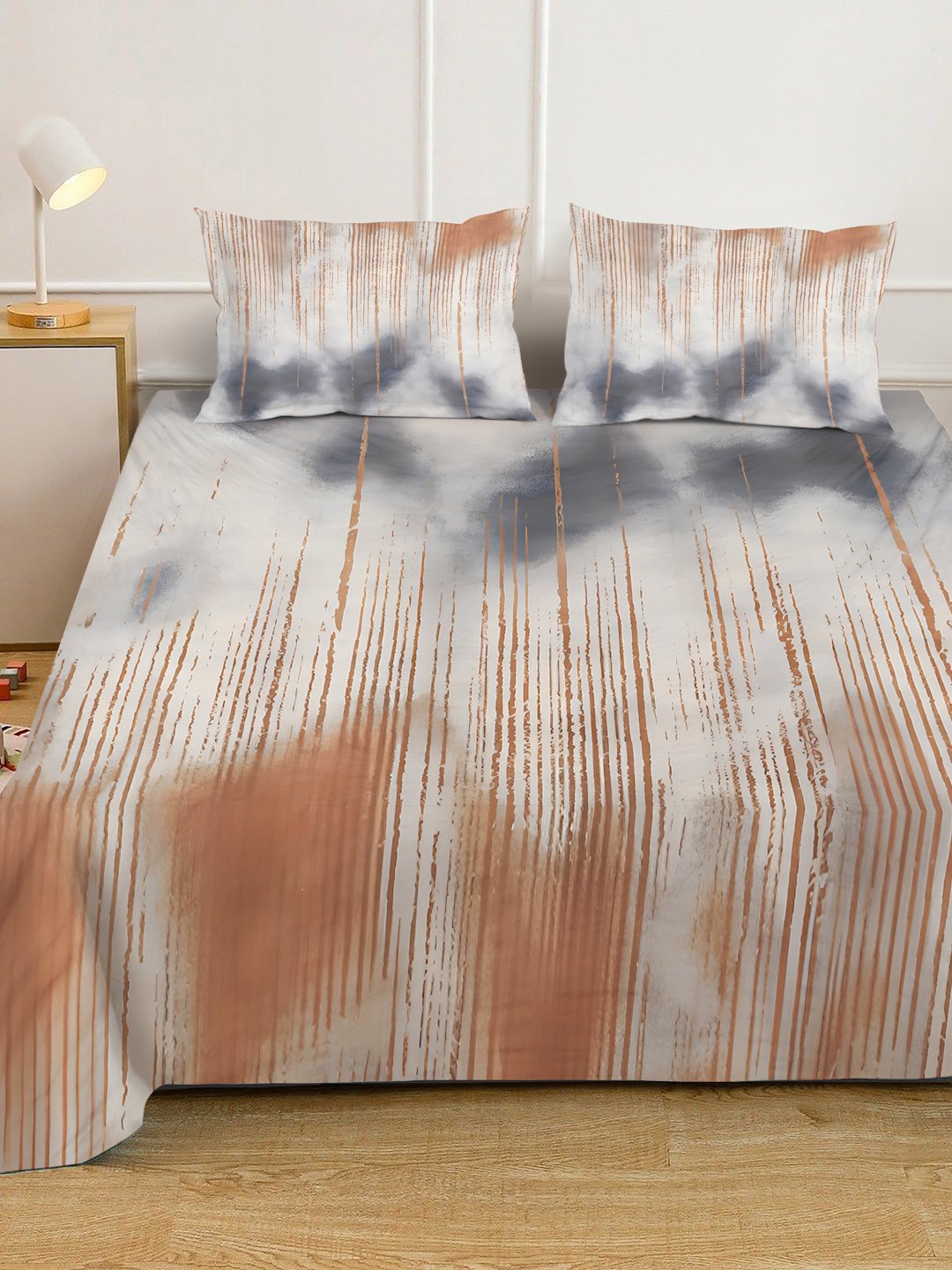 Grey Digital Abstract Printed Cotton Blend Double Bedsheet with 2 Pillow Covers